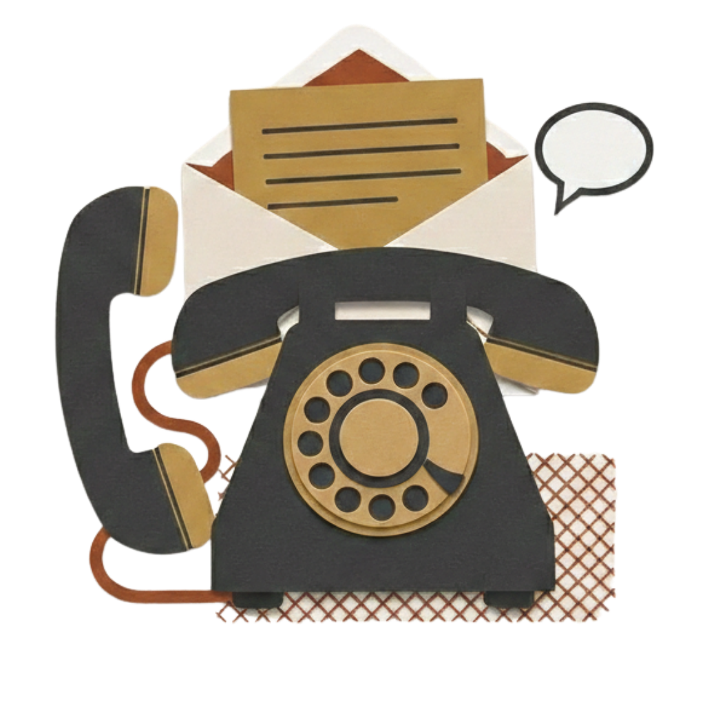 Paper-collage rotary telephone with an open letter and a speech bubble